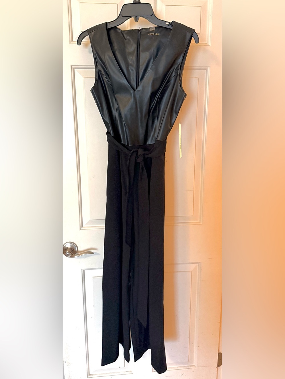 NWT Sleeveless Faux-Leather Bodice Black Jumpsuit with Tie Waist